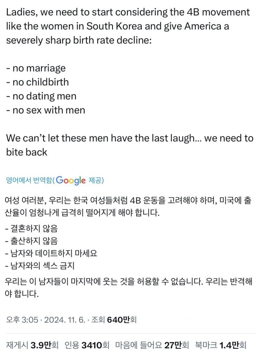 조롱거리로 전락한 한국여성들의 4B운동