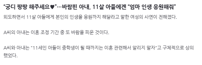 “궁디 팡팡 해주세요”…바람핀 아내, 11살 아들에겐 “엄마 인생 응원해줘”