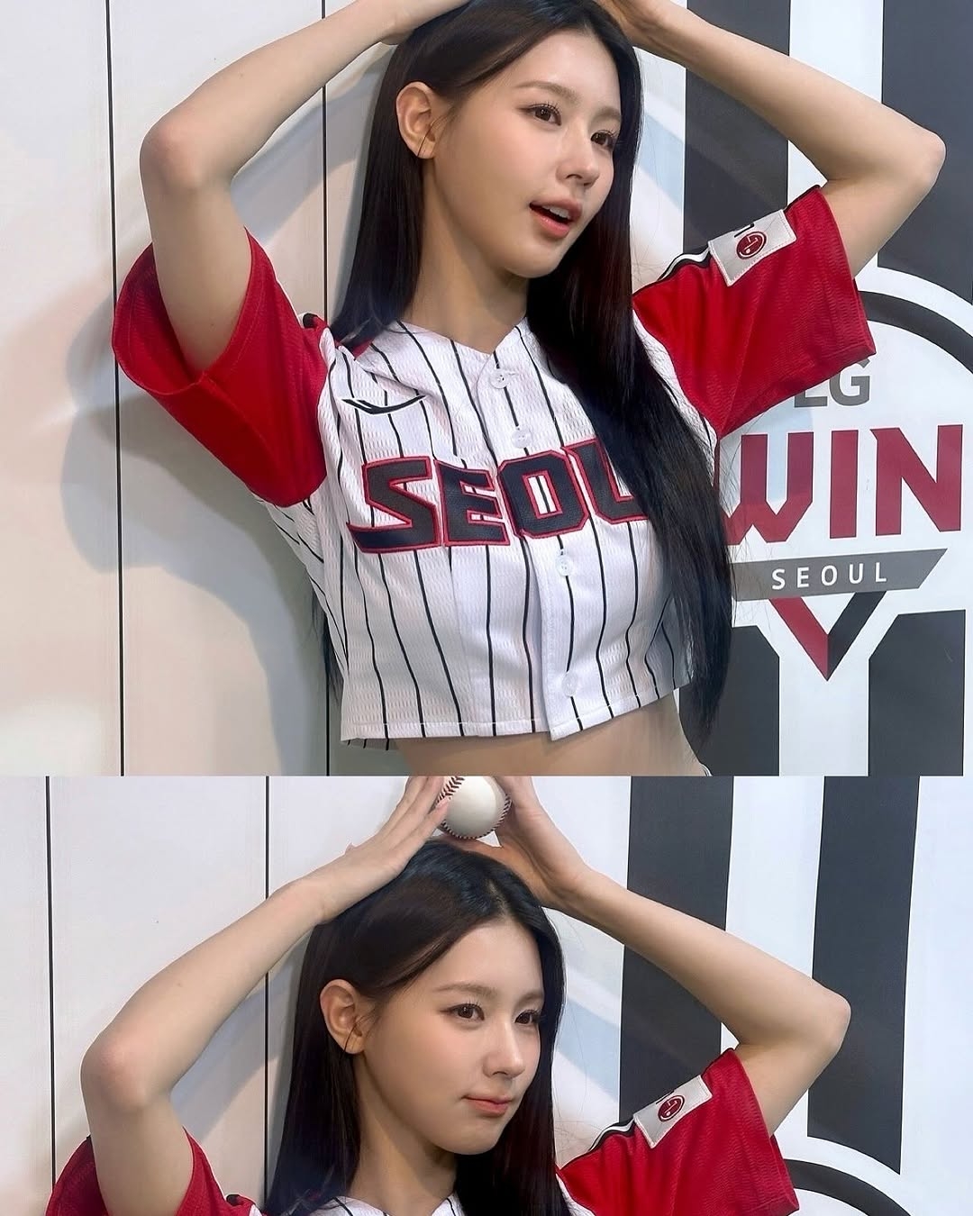 LG 구장에 시구하러 간 아이들 미연...크롬 유니폼 기립근 배꼽