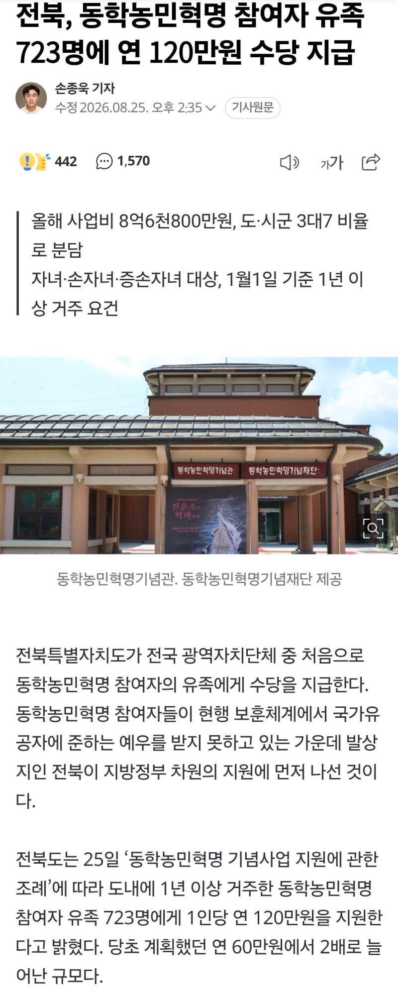 전북, 동학농민혁명 참여자 유족 723명에 연 120만원 수당 지급