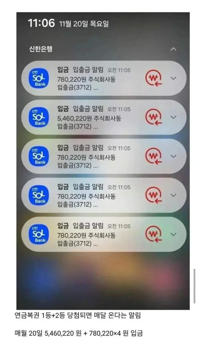 연금복권 당첨되면 매달 온다는 알림