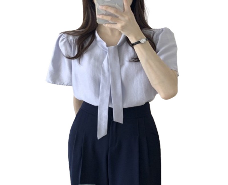 스윗하우스리 여성 타이 리본 반팔 여름 블라우스 정장 하객룩