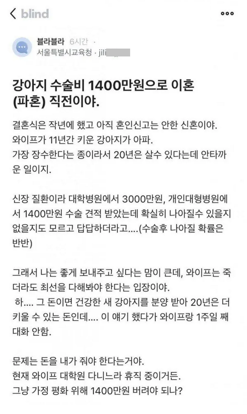 블라] 수술비 1,400만원으로 이혼 직전.txt