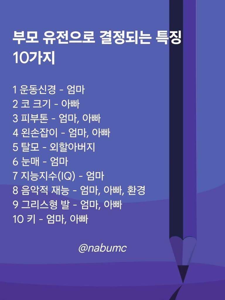 부모 유전으로 결정되는 특징 10가지